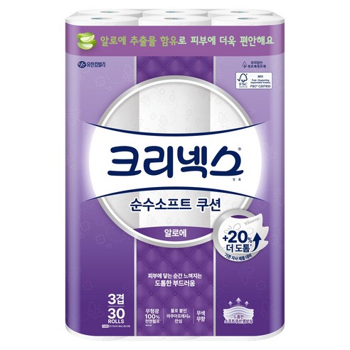크리넥스 순수소프트 쿠션 알로에 화장지 길이 × 개당 수량 × 수량, 27m × 30개입 × 1개 섬네일