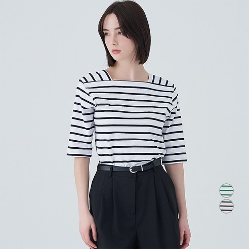 ELLE PARIS 여성용 스트라이프 스퀘어넥 반팔 티셔츠