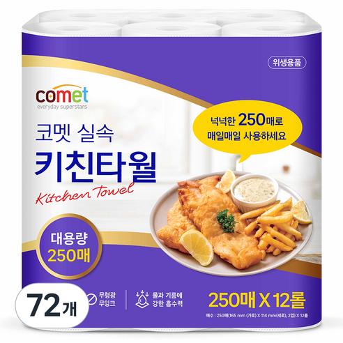 코멧 다용도 실속 키친타월 250매, 72개 솔직 후기 | 실사용자 리뷰 분석 - 상품 이미지 1
