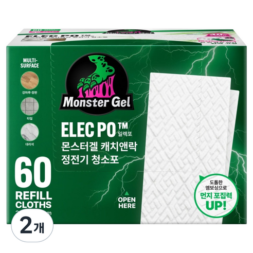 몬스터겔 초강력 정전기 청소포 일렉포 리필 60매, 2개