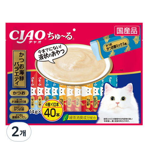 챠오츄르 고양이 버라이어티 간식, 가다랑어/해산물, 560g, 2개