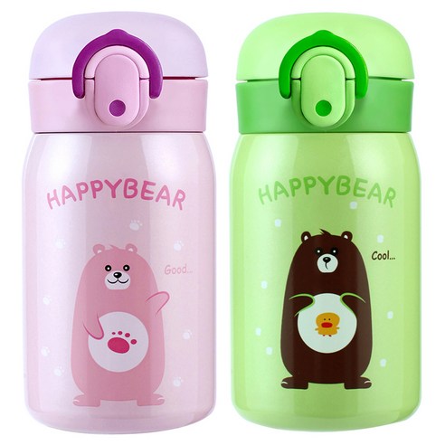 해피베어 원터치 보온보냉병 2종 세트, 핑크 + 그린, 250ml, 1세트