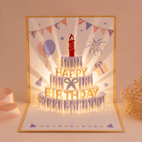 윰스 생일축하 선물 해피벌스데이 LED 3D 팝업 카드, 블루골드, 1개