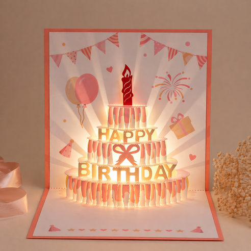 윰스 생일축하 선물 해피벌스데이 LED 3D 팝업 카드, 코랄핑크, 1개