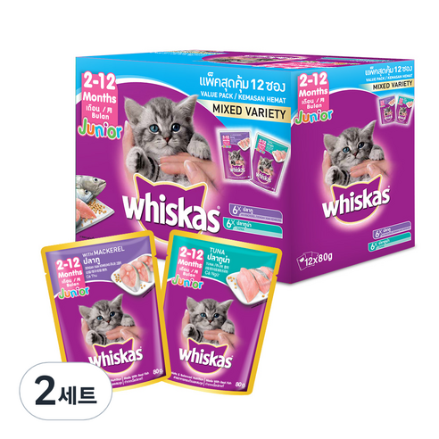 위스카스 2~12개월 고양이 파우치 믹스드 버라이어티팩 주니어 참치 6p + 고등어 6p, 혼합맛, 960g, 2세트