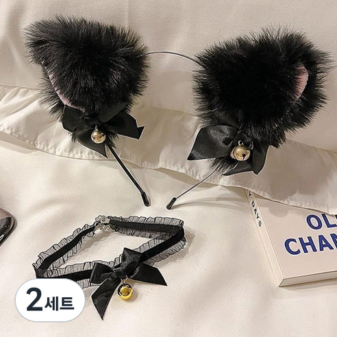 미미파티 코스프레 고양이 머리띠 초커 목걸이 세트, 블랙, 2세트