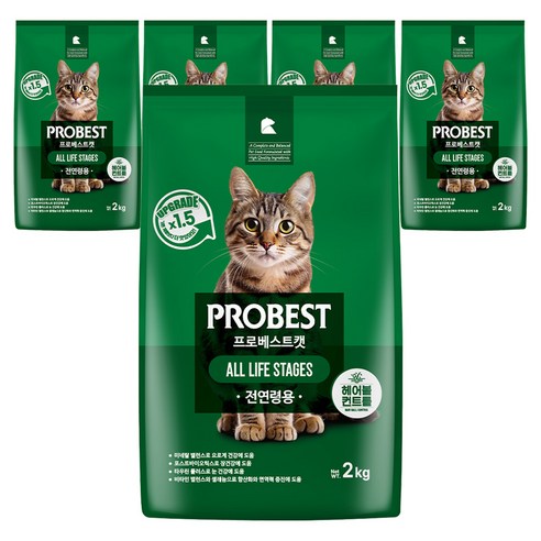 프로베스트 고양이 그린 전연령 기능성 사료, 헤어볼+장건강, 2kg, 5개