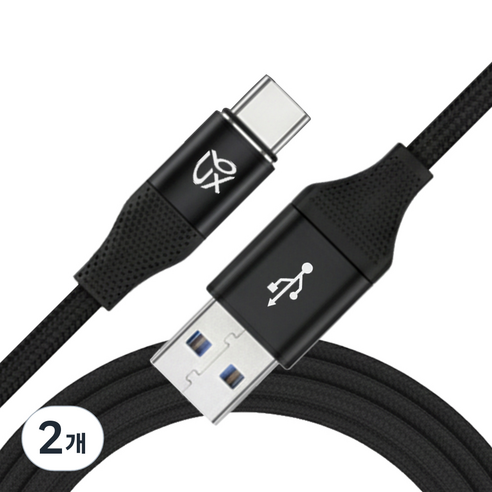 언박싱 브랙스 USB to C타입 패브릭 고속 충전 케이블, 2개, 블랙, 0.5m