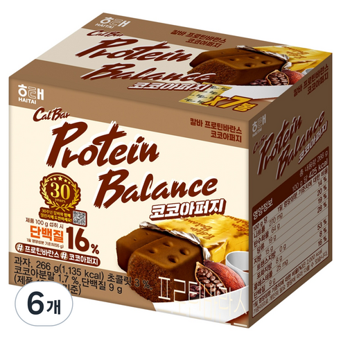 해태제과 칼바 프로틴 바란스 코코아퍼지 7p, 266g, 6개
