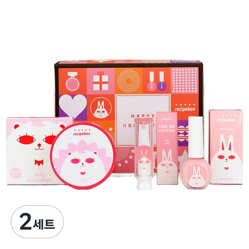 레시피박스 어린이 화장품 B 선물세트, 2세트, 매니큐어 체리블라썸 + 선쿠션 + 립스틱 베이비 핑크 + 선물박스
