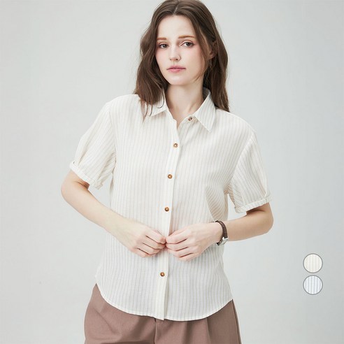 ELLEPARIS 여성용 구름 엠보 스트라이프 반팔 롤업 셔츠