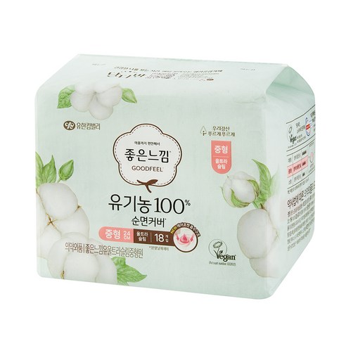 좋은느낌 유기농 100% 순면 울트라슬림 생리대, 중형, 18개입, 1개