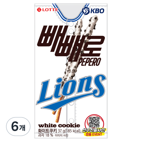 빼빼로 화이트쿠키 KBO 삼성 라이온즈, 37g, 6개