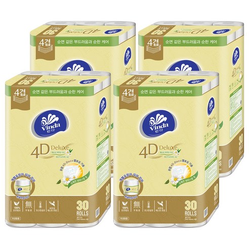 빈다 천연펄프 4겹 4D 디럭스 엠보싱 보타니컬 롤화장지, 23m, 30개입, 4개