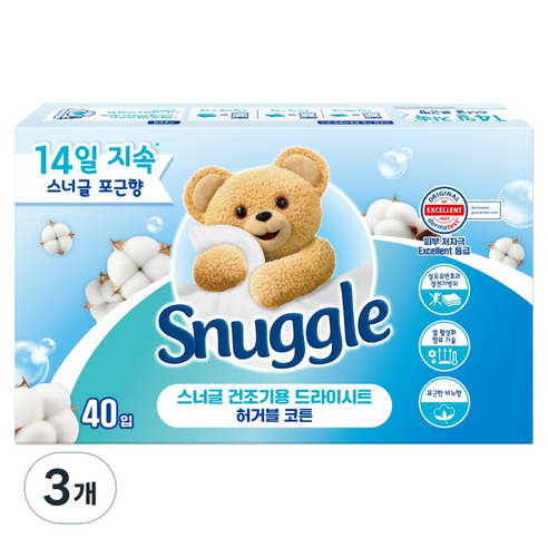 스너글 건조기용 드라이시트 허거블 코튼, 40개입, 3개