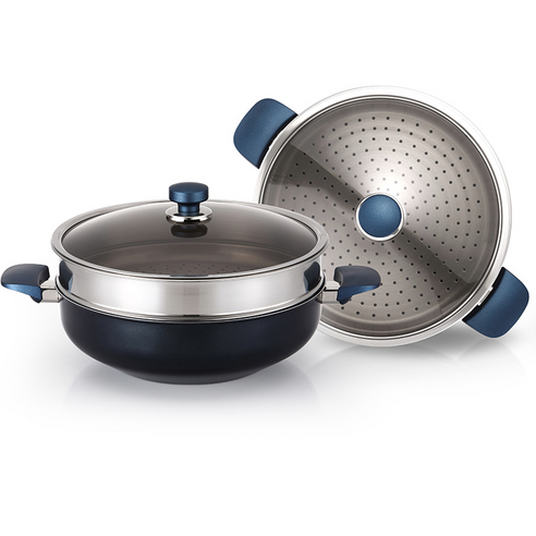 해피콜 클래식 다이아몬드 블루 파티웍 + 뚜껑 + 찜기, 28cm, 1세트 후기 분석 - 찜기 활용 모습