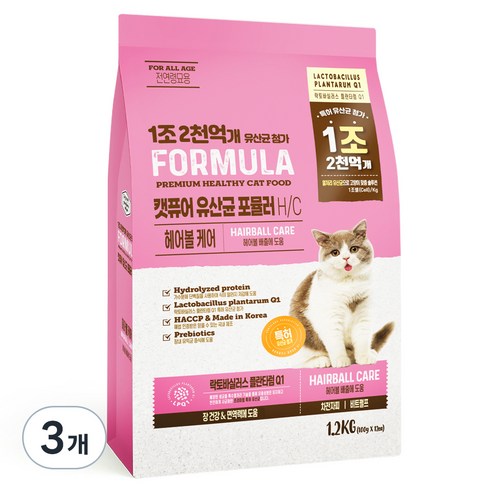 캣퓨어 고양이 유산균 포뮬러 H / C 헤어볼케어 사료, 장건강/유산균, 1.2kg, 3개