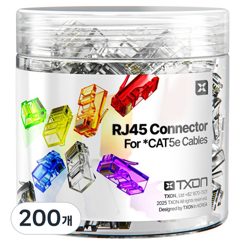 티엑스온 CAT5E RJ45 커넥터 8P8C 플러그, 21.5mm, 200개, 투명