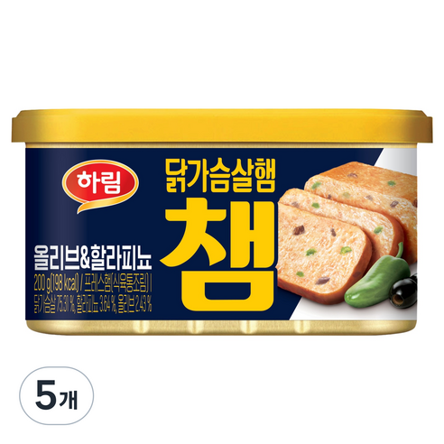 하림 닭가슴살 햄 챔 올리브 할리피뇨, 200g, 5개