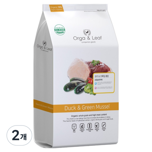 오가앤리프 강아지 가수분해 오리 & 초록입홍합 사료, 피부/피모+알러지, 1.8kg, 2개
