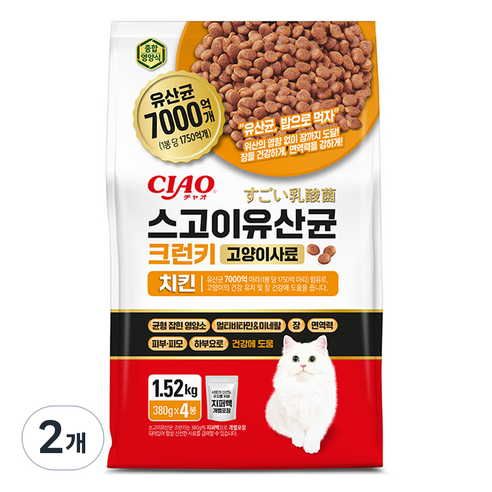 챠오츄르 전연령 고양이 스고이 유산균 크런키 건식사료, 닭, 1.52kg, 2개