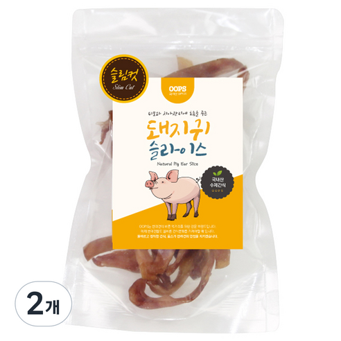 웁스 강아지 국내산 슬라이스 슬림컷 간식, 돼지귀, 60g, 2개