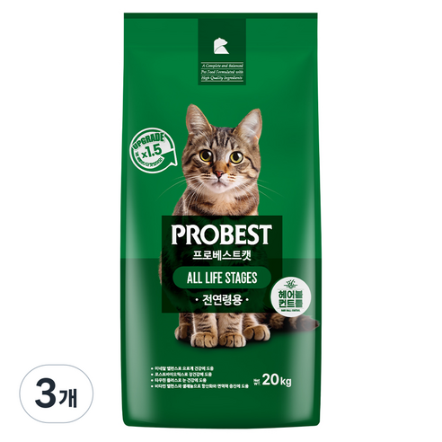 프로베스트 고양이 그린 전연령 기능성 사료, 헤어볼+장건강, 20kg, 3개