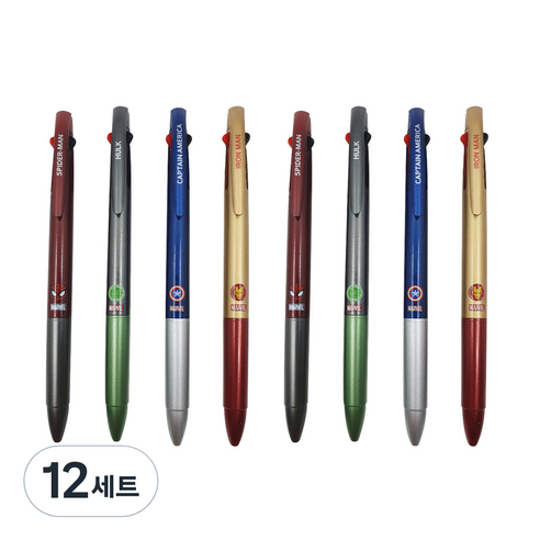 1977아토 마블 캐릭터 3색 볼펜 4종 0.7mm, 스파이더맨 + 헐크 + 캡틴아메리카 + 아이언맨, 12세트