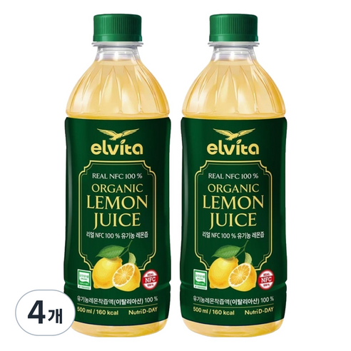 뉴트리디데이 엘비타 리얼 NFC 100% 유기농 레몬즙, 500ml, 4개