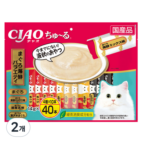 이나바 고양이 챠오츄르 버라이어티 간식, 혼합맛(참치/해산물), 560g, 2개