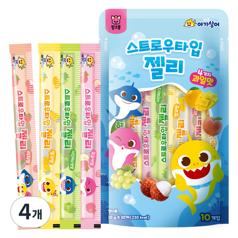 핑크퐁 아기상어 스트로우타입 젤리 10p 랜덤발송, 200g, 4개, 혼합맛(복숭아/리치/망고/샤인머스캣)
