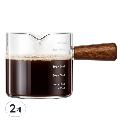 발룬피니 내열유리 우드 핸들 벨크리머 계량 샷잔 200ml, 혼합색상, 2개