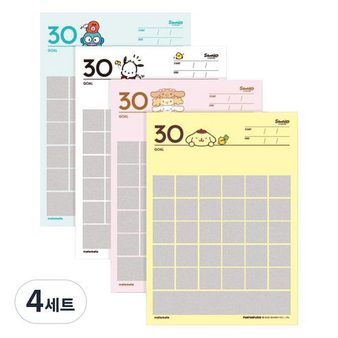모트모트 산리오캐릭터즈 디데이보드30 4종 세트, 폼폼푸린 + 시나모롤 + 포차코 + 한교동, 4세트