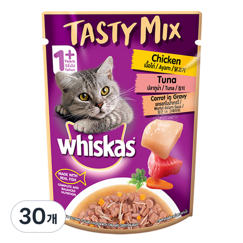 위스카스 어덜트 고양이 테이스티 믹스 습식사료, 닭+참치, 70g, 30개