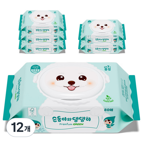 순둥이 반려동물 순둥이와 댕댕이 프리미엄 그린 중성 물티슈, 80개입, 12개
