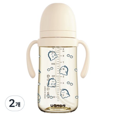 유비맘 유아용 국내 제조 공룡 디자인 PPSU 역류 물샘방지 빨대컵, 280ml, 2개, 베이지(요거트)