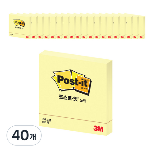 포스트잇 노트 접착메모지 654, 노랑, 100매, 40개