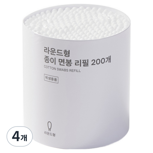 JAJU 라운드형 종이 면봉 리필, 200개입, 4개