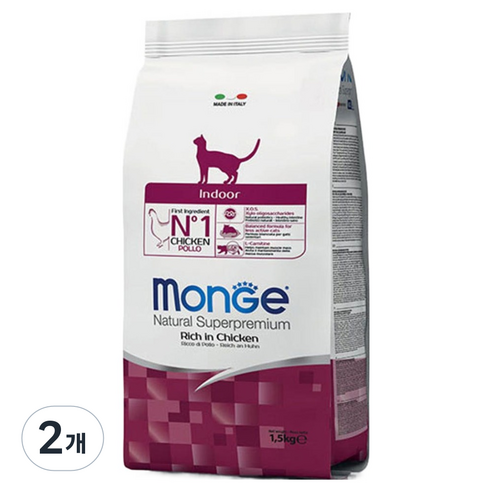 몬지 어덜트 고양이 내추럴 슈퍼프리미엄 인도어 건식사료, 닭, 1.5kg, 2개