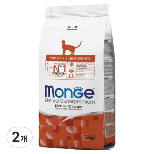 몬지 시니어 고양이 내추럴 슈퍼프리미엄 건식사료, 닭, 1.5kg, 2개