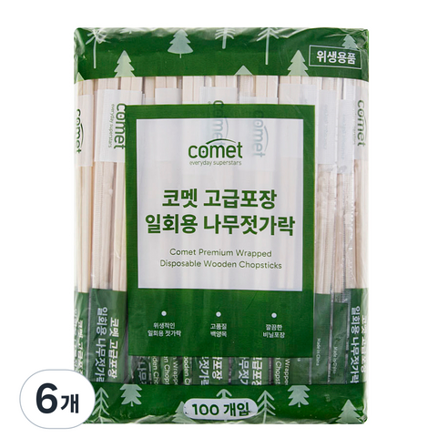 코멧 고급포장 일회용 나무젓가락, 6개, 100개입