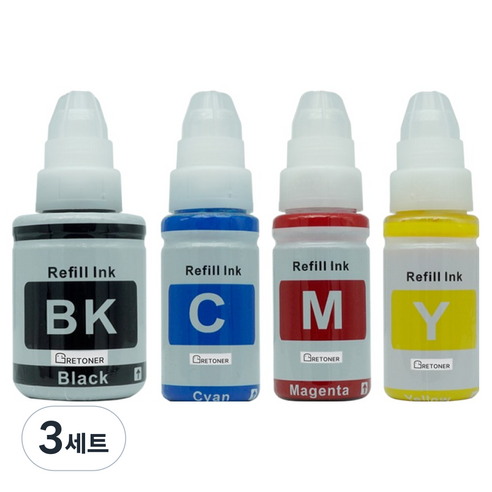 그래토너 캐논 호환 무한 리필 잉크 4종 세트 GI-990, 검정, 파랑, 빨강, 노랑, 3세트