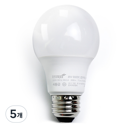 번개표 LED 전구 8W, 전구색, 5개