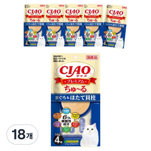 챠오츄르 고양이 프리미엄 짜먹는 간식 4p, 혼합맛(참치/가리비관자), 56g, 18개