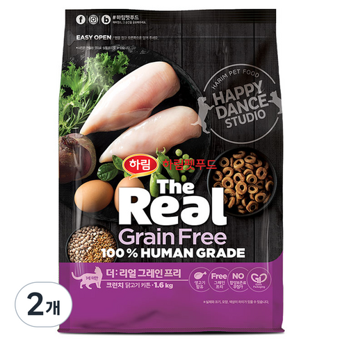 하림펫푸드 키튼 더리얼 캣 그레인프리 크런치 건식사료, 닭, 1.6kg, 2개