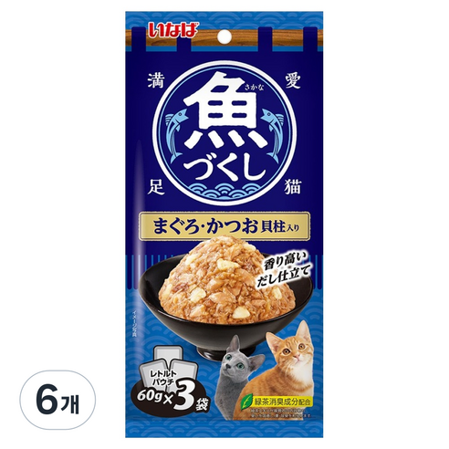이나바 고양이 생선 가득 파우치 TCR-176, 혼합맛(참치/가다랑어/가리비관자), 180g, 6개