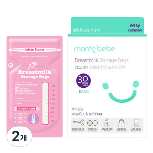 맘스베베 국내 제조 베이직 일회용 모유저장팩 180ml, 30개입, 2개