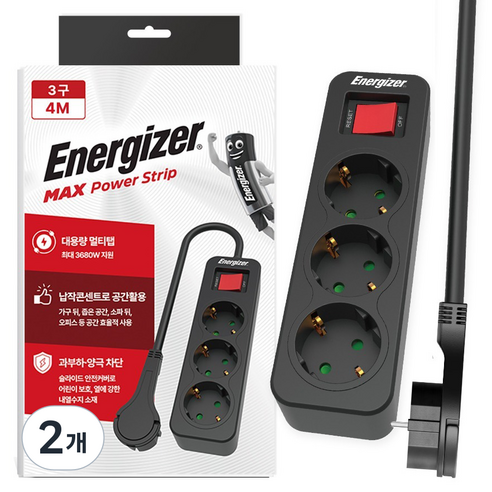 에너자이저 과부하차단 고용량 3680W 납작 멀티탭 3구, 4m, 블랙, 2개