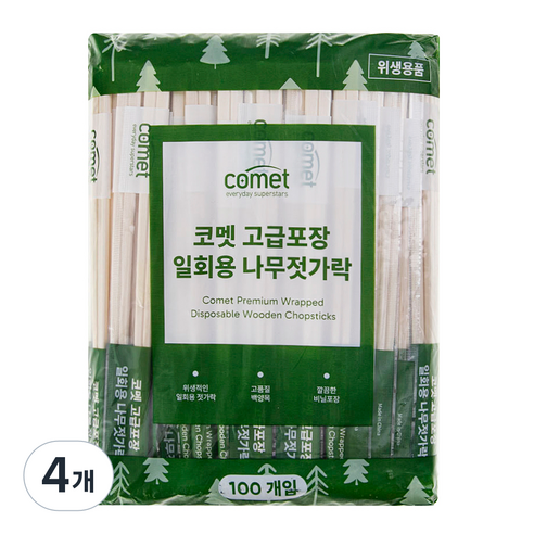 코멧 고급포장 일회용 나무젓가락, 4개, 100개입