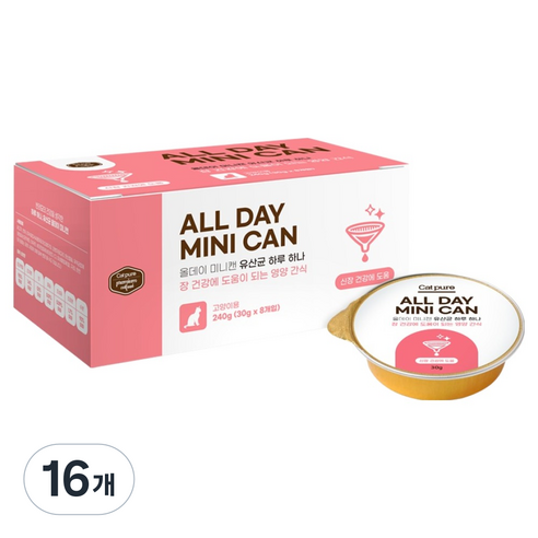 캣퓨어 고양이 올데이 유산균 미니 장건강 신장관리 도움 기능성 습식 간식캔, 16개, 30g, 혼합맛(치킨/연어)